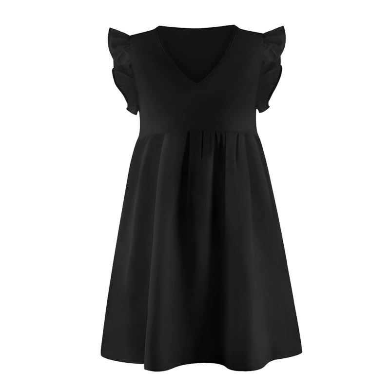 Black V-Neck Ruffle sleeve Pocketed T-shirt Dress TQK311014-2