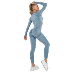 Blue Nylon Seamless Long Sleeve Pant Yoga Set TQE91361-5