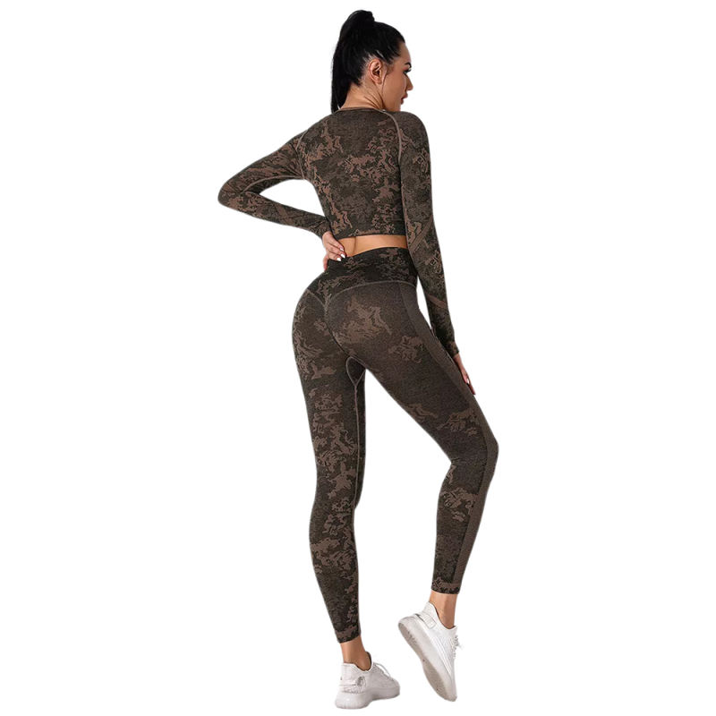 Yellow Camo Knit Seamless Long Sleeve Pant Yoga Set TQE91362-7