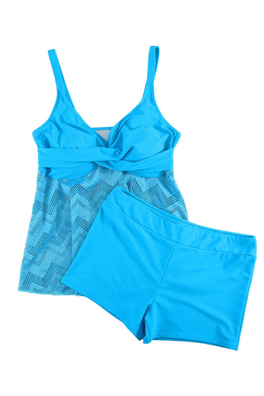 Sky Blue Ruffled Sleeveless V Neck Plus Size Swimsuit LC415306-4