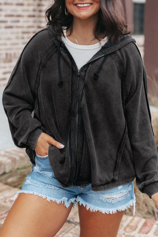 Gray Solid Color Oversized Zip Up Hoodie with Pockets LC25311966-11