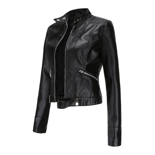 Black PU Stand Collar Short Leather Jacket TQK280124-2