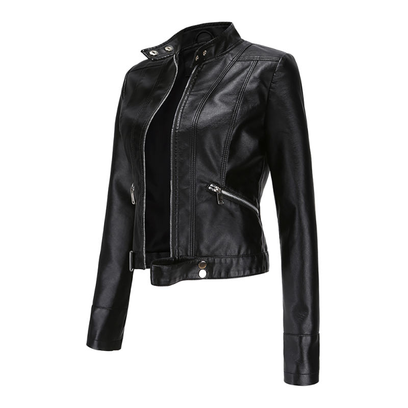 Black PU Stand Collar Short Leather Jacket TQK280124-2