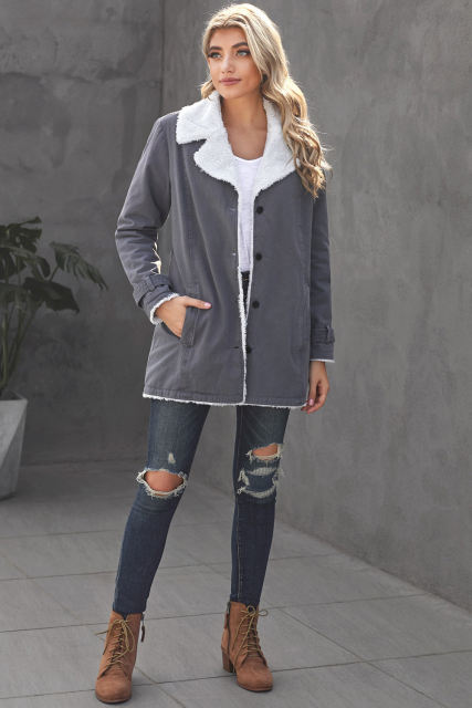 Gray Lapel Collar Button Fleece Jacket LC8511336-11
