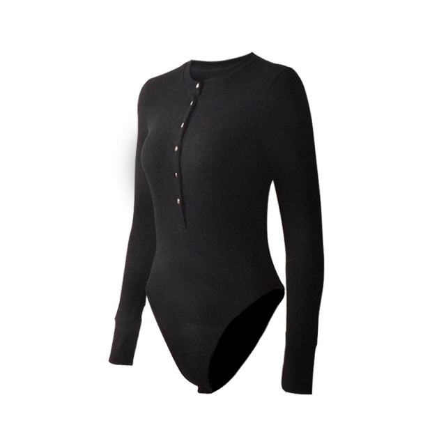Black Long Sleeve Button Down Bodysuit TQK550097-2