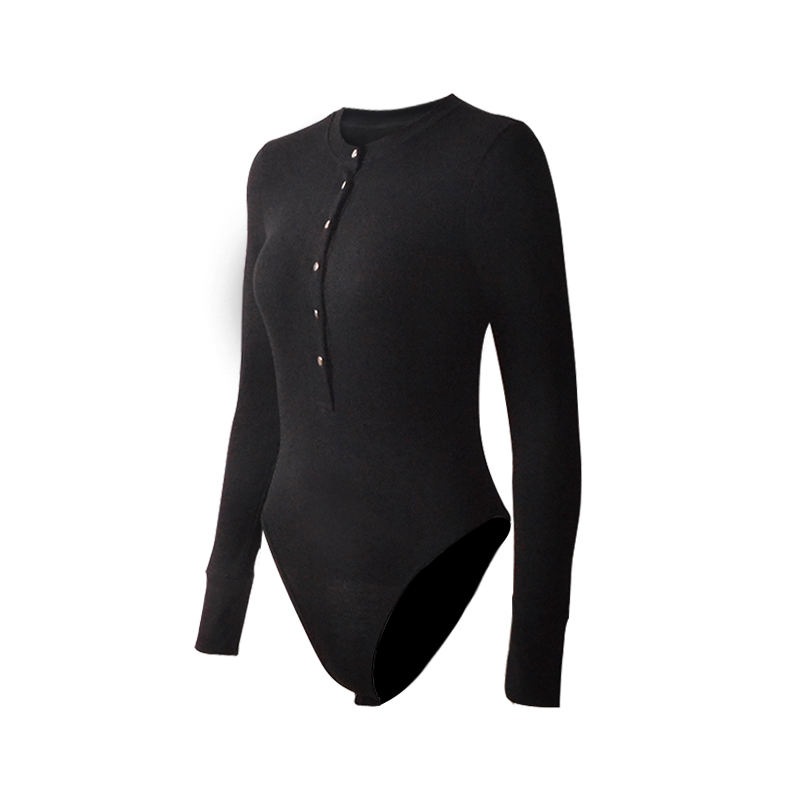 Black Long Sleeve Button Down Bodysuit TQK550097-2