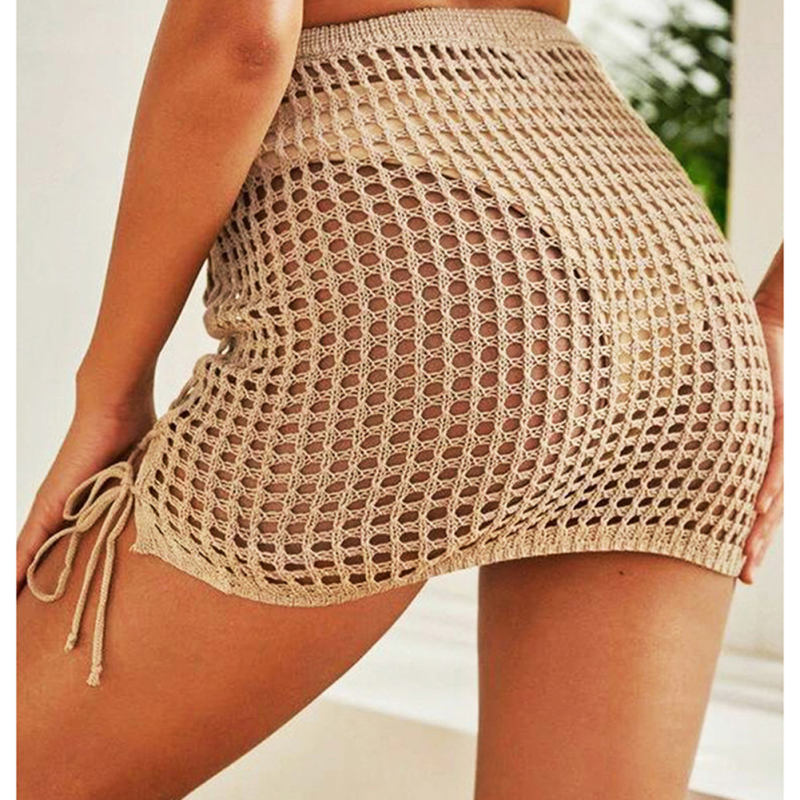 Khaki Hollow-out Side Drawstring Beachwear Mini Skirt TQV360075-21