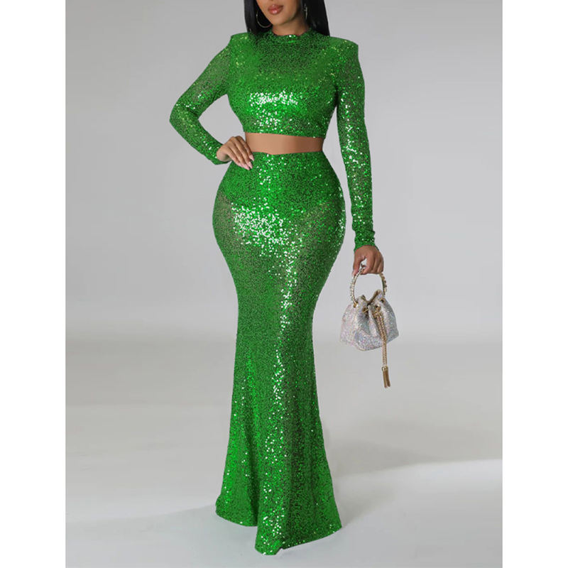 Green Sequined Crop Top with Fishtail Skirt Set TQV810034-9