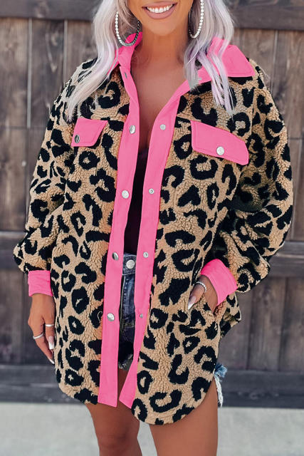 Contrast Trimmed Leopard Teddy Shacket LC854211-20