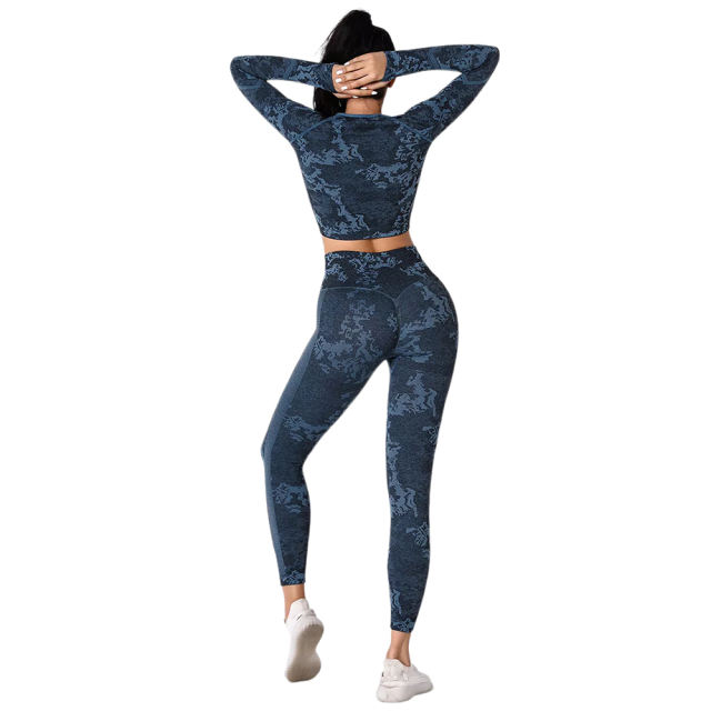 Blue Camo Knit Seamless Long Sleeve Pant Yoga Set TQE91362-5
