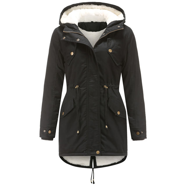 Black Waist Drawstring Plush Hooded Thick Parka Coat TQK280127-2