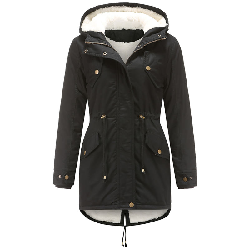 Black Waist Drawstring Plush Hooded Thick Parka Coat TQK280127-2