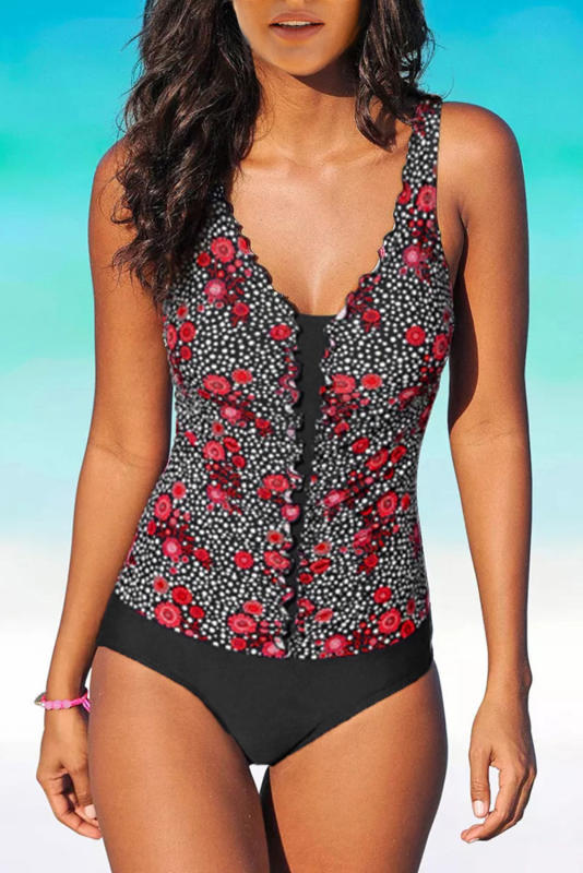 Rose Floral Print Ruffles One-piece Swimsuit LC44839-106
