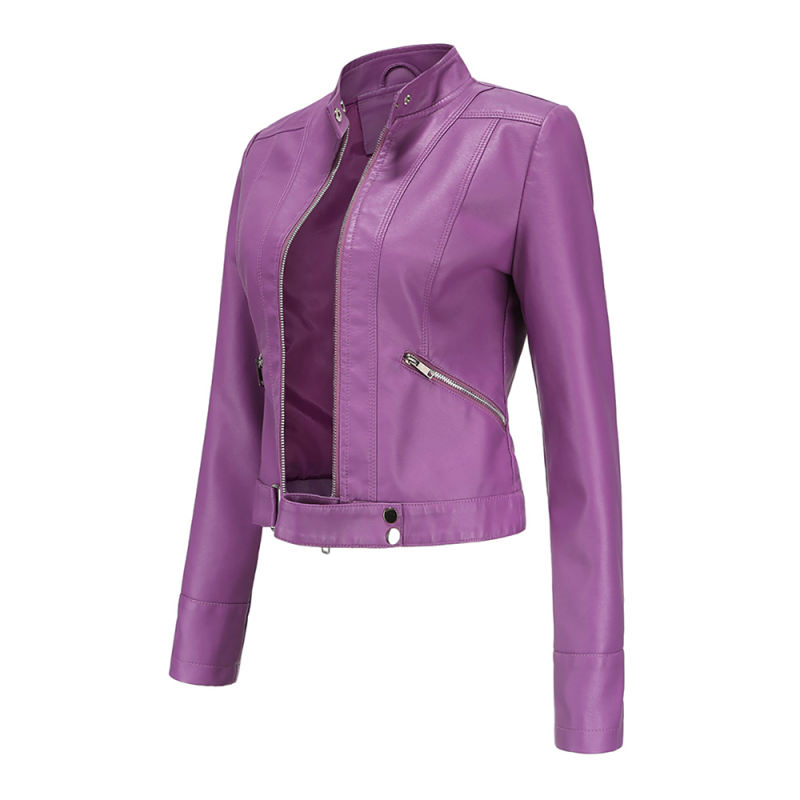 Purple PU Stand Collar Short Leather Jacket TQK280124-8