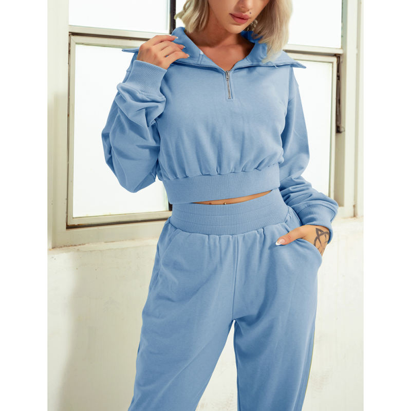 Blue Zipper-up Cotton Sweatshirt with Pant Sports Set TQE91573-5
