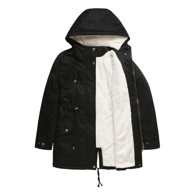Black Waist Drawstring Plush Hooded Thick Parka Coat TQK280127-2