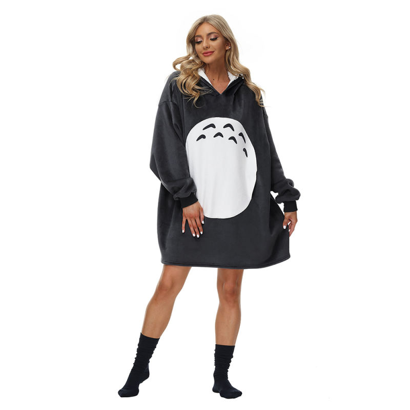 Dark Gray Totoro Cartoon Print Blanket Hoodie TQK230373-26