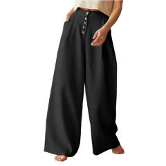 Black Cotton Linen Button High Waist Wide Leg Pants TQV510049-2
