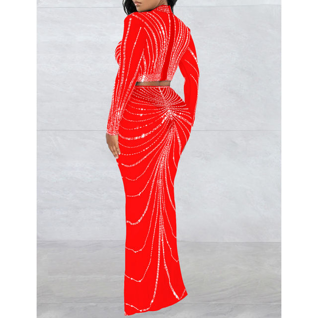 Red Rhinestones Long Sleeve Crop with Maxi Skirt Set TQV810029-3