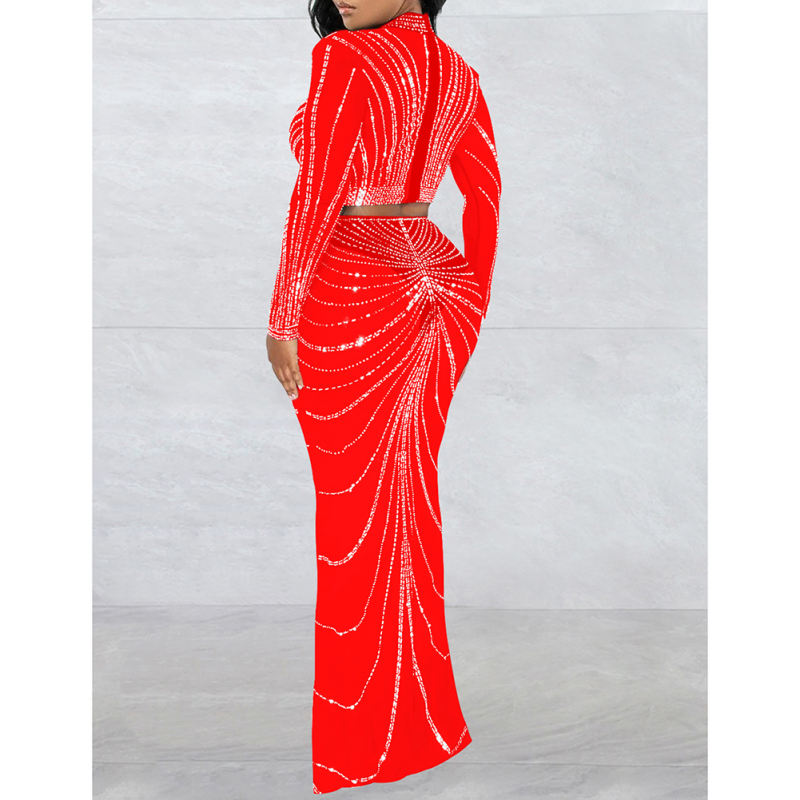 Red Rhinestones Long Sleeve Crop with Maxi Skirt Set TQV810029-3