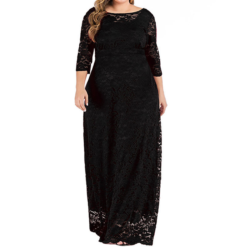 Black 3/4 Sleeve High Waist Lace Plus Size Dress TQK310976-2