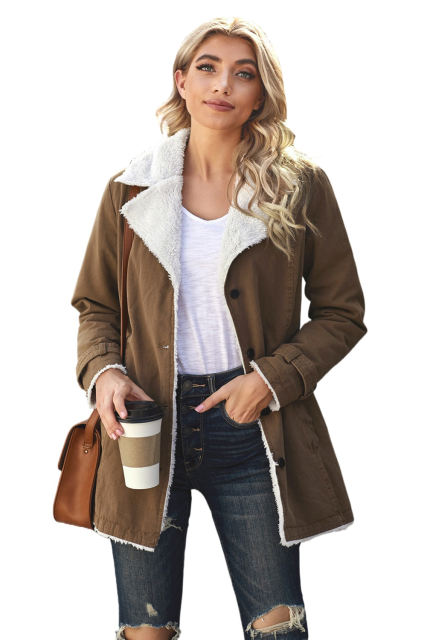 Khaki Lapel Collar Button Fleece Jacket LC8511336-16