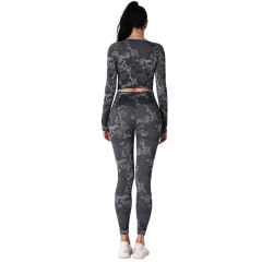 Gray Camo Knit Seamless Long Sleeve Pant Yoga Set TQE91362-11