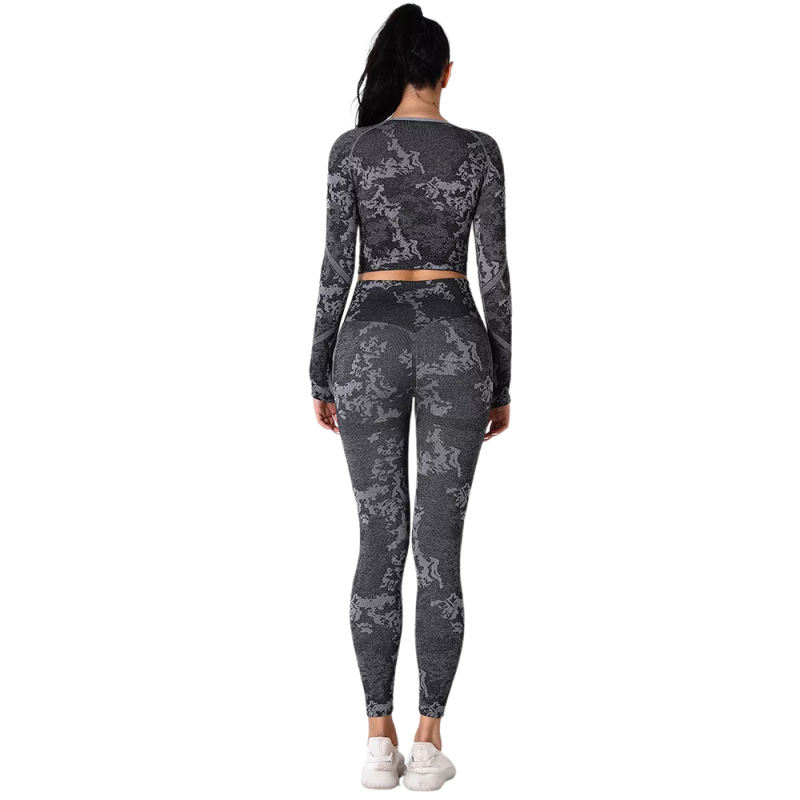 Gray Camo Knit Seamless Long Sleeve Pant Yoga Set TQE91362-11