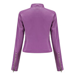Purple PU Stand Collar Short Leather Jacket TQK280124-8