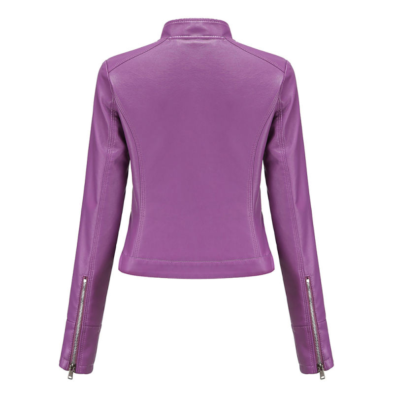 Purple PU Stand Collar Short Leather Jacket TQK280124-8
