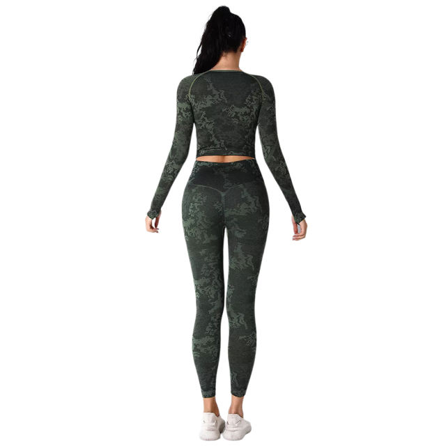 Army Green Camo Knit Seamless Long Sleeve Pant Yoga Set TQE91362-27