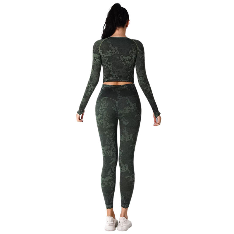 Army Green Camo Knit Seamless Long Sleeve Pant Yoga Set TQE91362-27