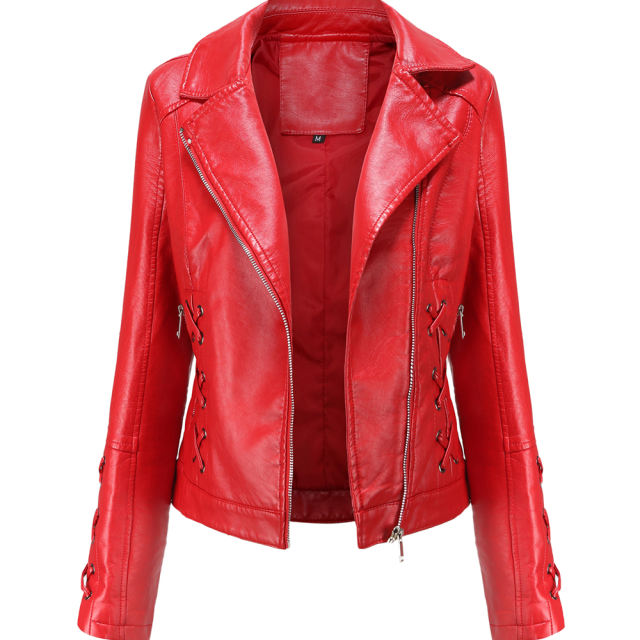 Red Zipper &amp; Bandage PU Leather Jacket TQK280142-3