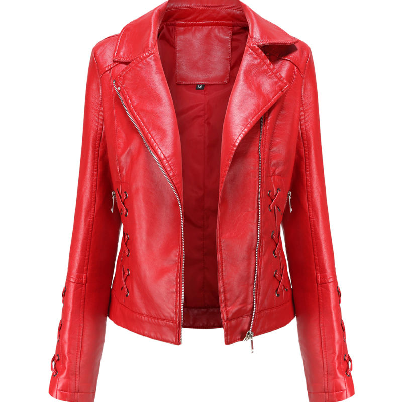 Red Zipper &amp; Bandage PU Leather Jacket TQK280142-3