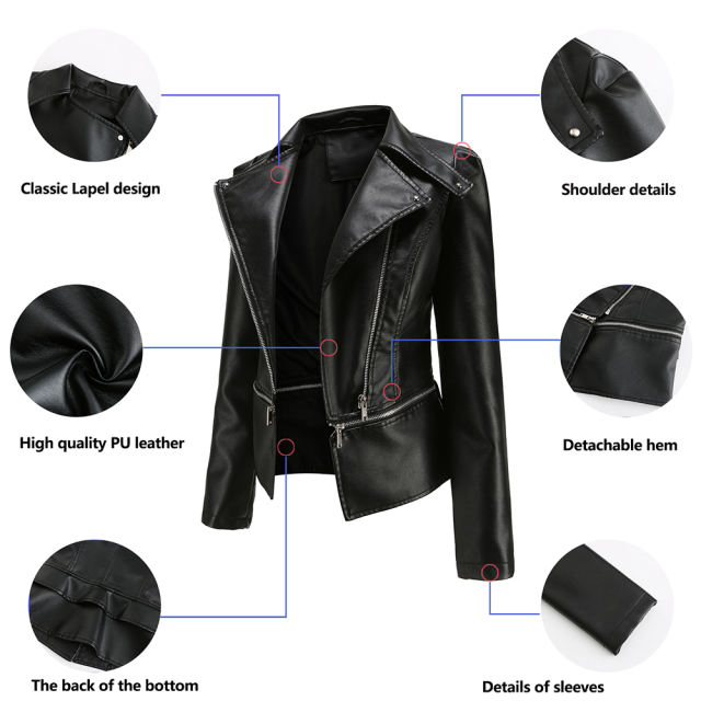 Black Removable Hem Leather PU Leather Jacket TQK280125-2