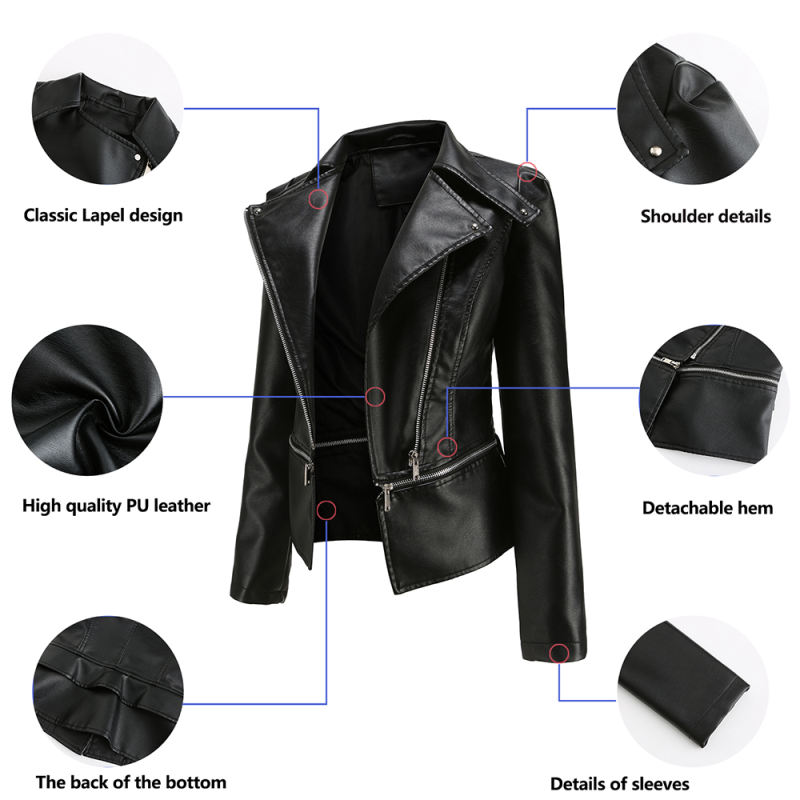 Black Removable Hem Leather PU Leather Jacket TQK280125-2