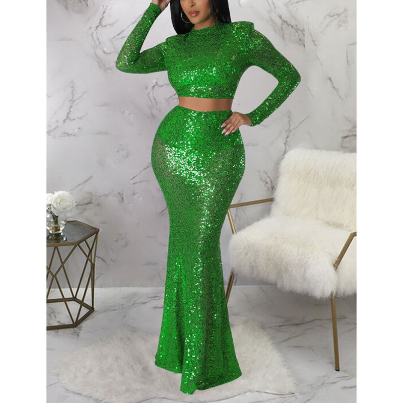 Green Sequined Crop Top with Fishtail Skirt Set TQV810034-9