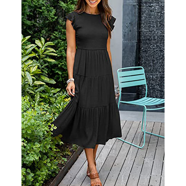 Black Ruffled Sleeve Pleated Layered Casual Dress TQV310008-2