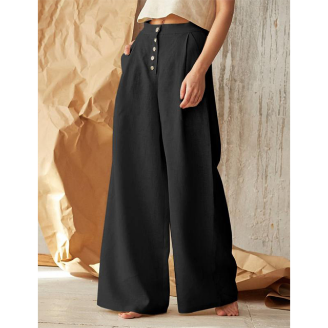 Black Cotton Linen Button High Waist Wide Leg Pants TQV510049-2