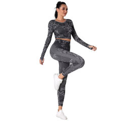 Gray Camo Knit Seamless Long Sleeve Pant Yoga Set TQE91362-11