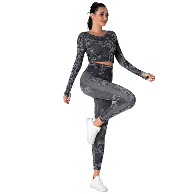 Gray Camo Knit Seamless Long Sleeve Pant Yoga Set TQE91362-11