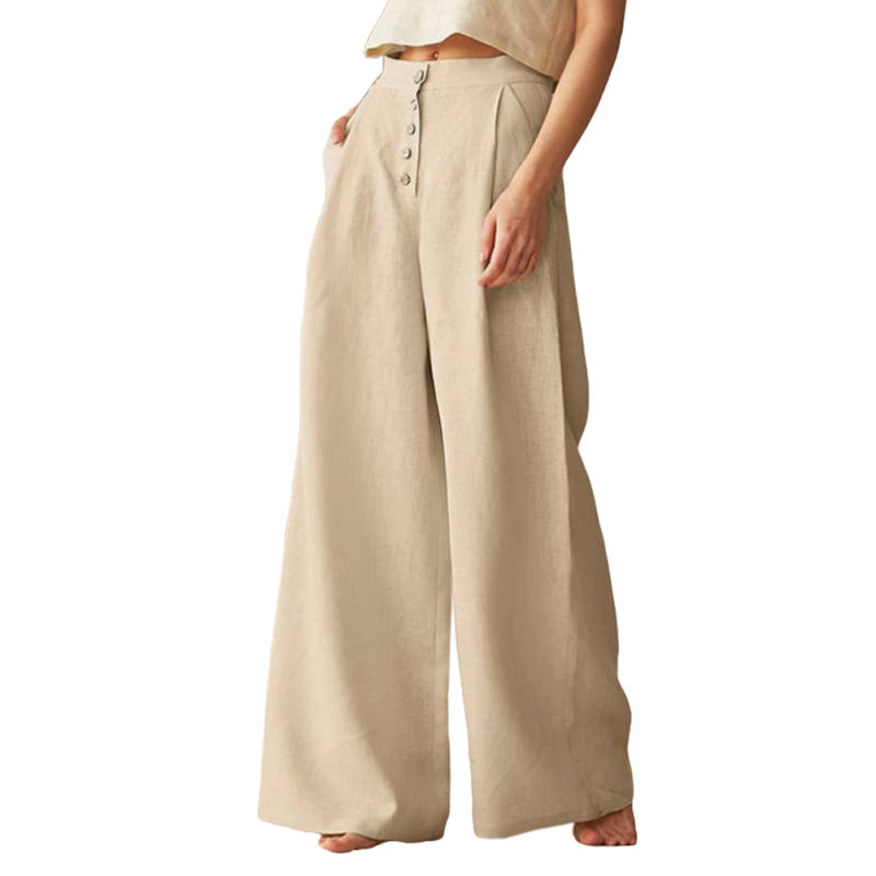 Apricot Cotton Linen Button High Waist Wide Leg Pants TQV510049-18