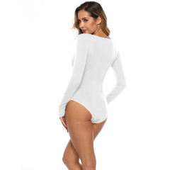 White V Neck Long Sleeve Bodysuit TQK550147-1
