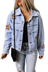 Sky Blue Leopard Star Distressed Cropped Denim Jacket LC788175-4