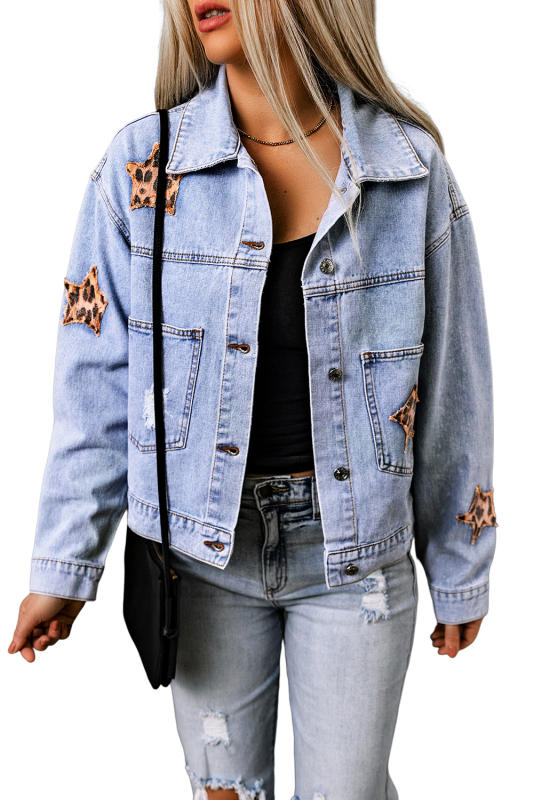 Sky Blue Leopard Star Distressed Cropped Denim Jacket LC788175-4