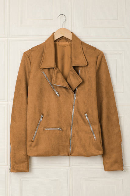 Brown Zipped Notch Collar Short Jacket LC85294-17