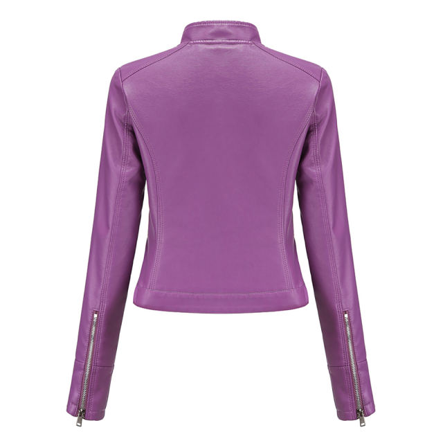 Purple PU Stand Collar Short Leather Jacket TQK280124-8