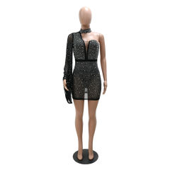 Black Rhinestone Perspective One Shoulder Bodycon Dress TQK310810-2