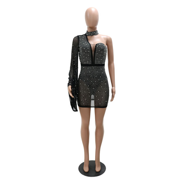 Black Rhinestone Perspective One Shoulder Bodycon Dress TQK310810-2