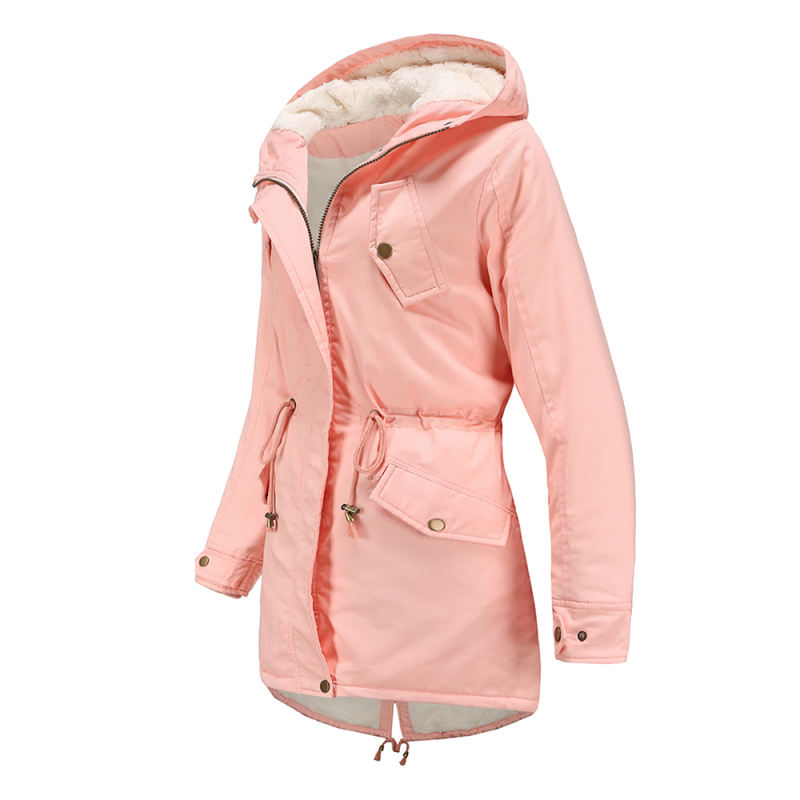 Pink Waist Drawstring Plush Hooded Thick Parka Coat TQK280127-10
